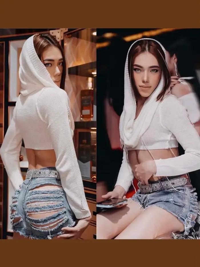 Haut court à capuche pour femmes, vêtements grunge, t-shirt super court, manches longues, accessoires Y2K