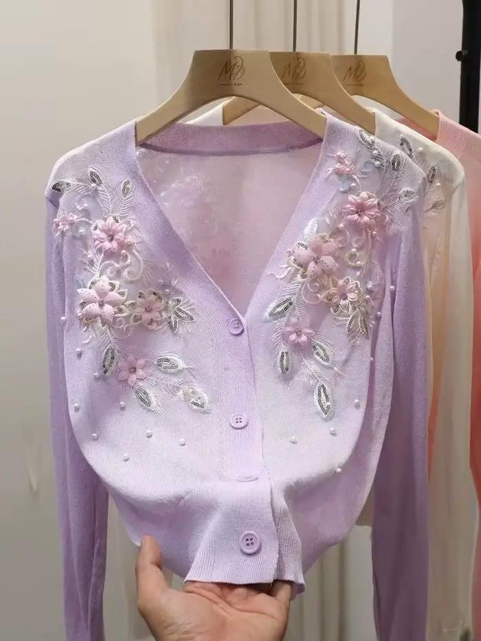 Cardigan féminin printemps été brodé perles viscosé pour femmes occasions spéciales high street