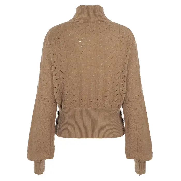 Col roulé marron tricoté pull Vintage femmes manches longues chauve-souris évider bouton tirer taille