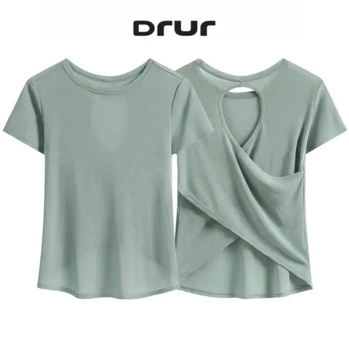DRUR femmes dessus de Yoga léger séchage rapide été à manches courtes Sport chemise dos croisé évider course t-shirt Fitness Yogawear