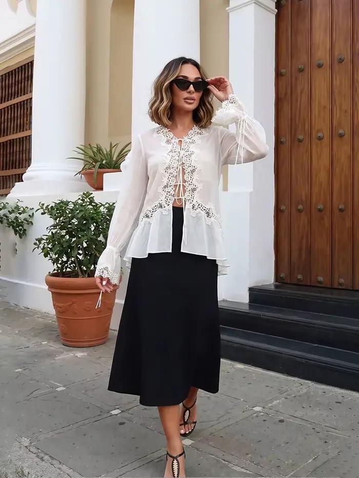 Chemisier en mousseline transparente HH élégant et minimaliste avec dentelle à nouer devant coupe ample pour tenue décontractée ou professionnelle au bureau occasions spéciales