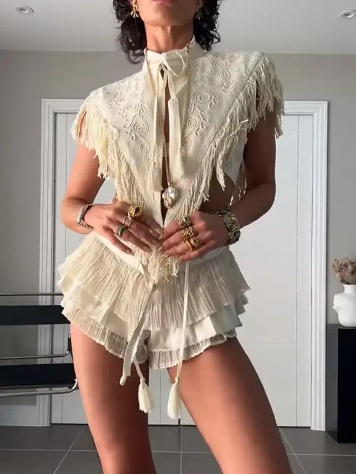 Gilet brodé à franges pour femme