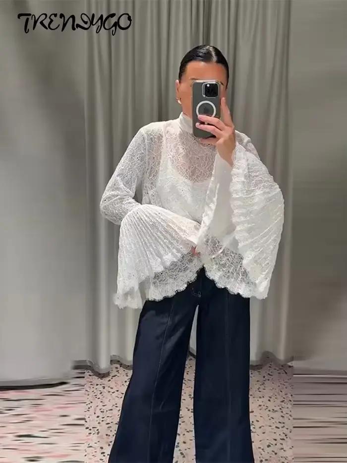 Chemises transparentes en dentelle à manches évasées pour femmes, sexy, ajouré, hauts solides, charmants vêtements de fête pour dames occasions spéciales
