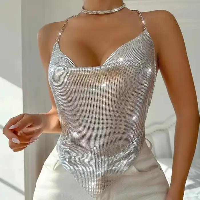 Débardeur dos nu scintillant pour femme avec chaîne métallique à sequins, tenue sexy pour été, plage, clubs et soirées