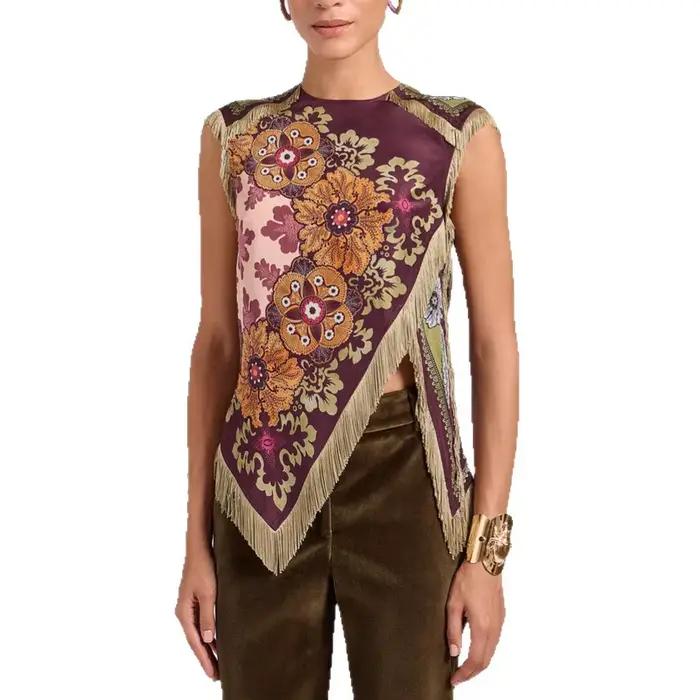 Chemisier Chic Femme 2026 en Satin à Imprimé Floral avec Franges Col Rond Sans Manches Ourlet Asymétrique Style Vintage Occasions Spéciales