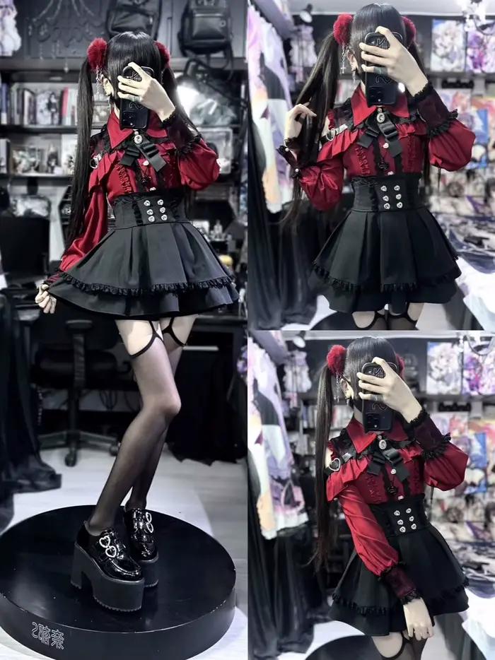 Ensemble deux pièces Yami Kawaii – Chemisier en dentelle et mini jupe
