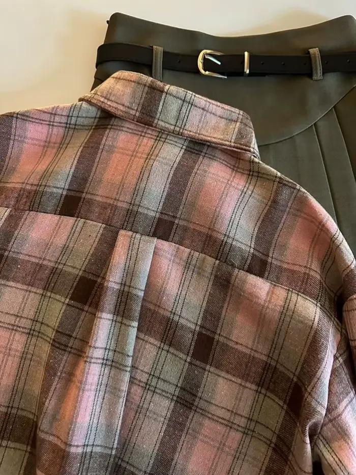 Chemise Femmes Mode Rose Plaid Décontractée Streetwear Rétro Automne Nouvelle à Manches Longues Occasions Spéciales