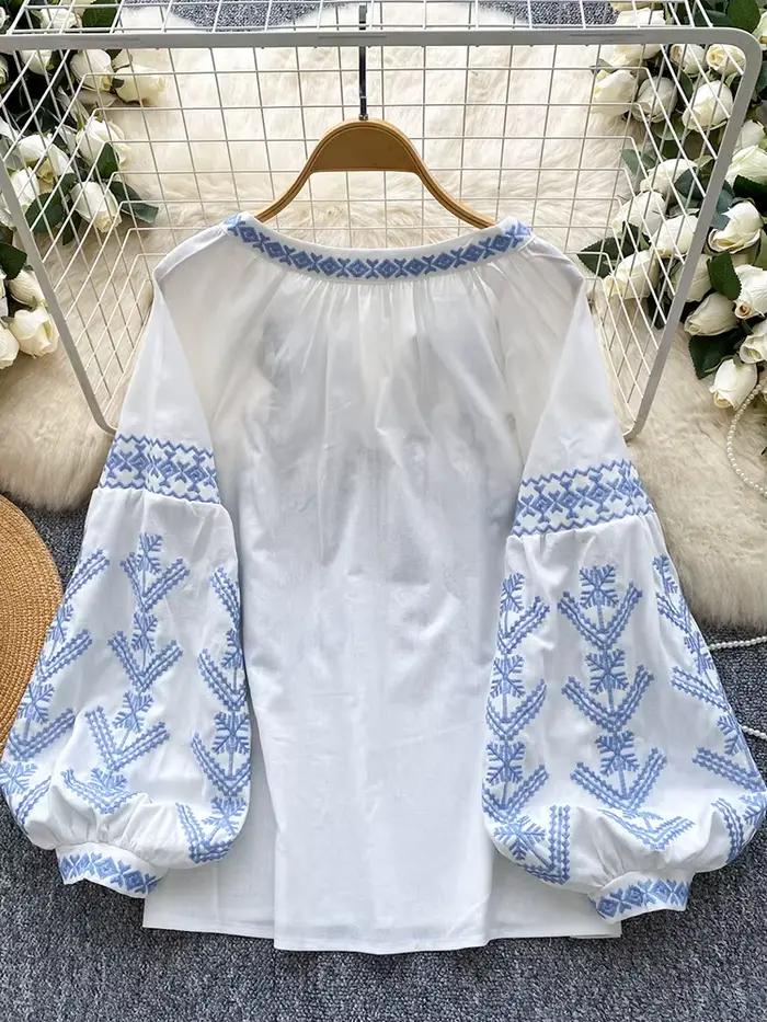 Femmes Blouse broderie automne à manches longues chemise rétro Style bohème cravate-teinture lanterne