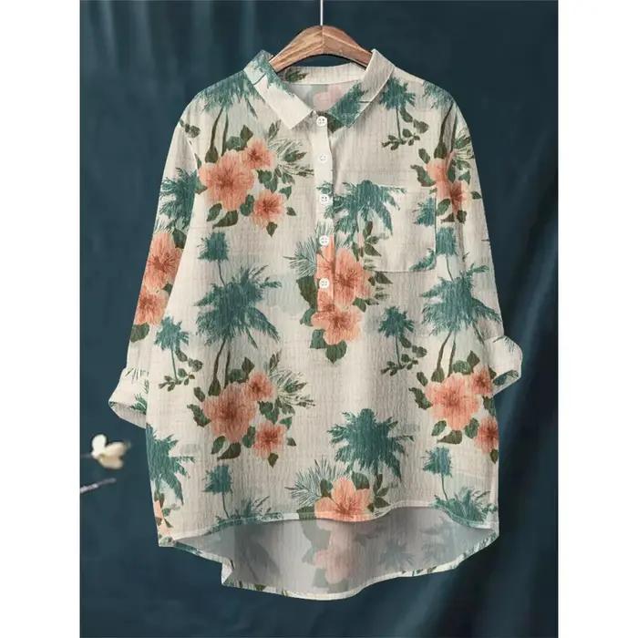 Chemisier Hibiscus Tropical Vintage Floral décontracté chemise pour femme ample à manches longues demi-bouton confortable bulle crêpe matériel haut