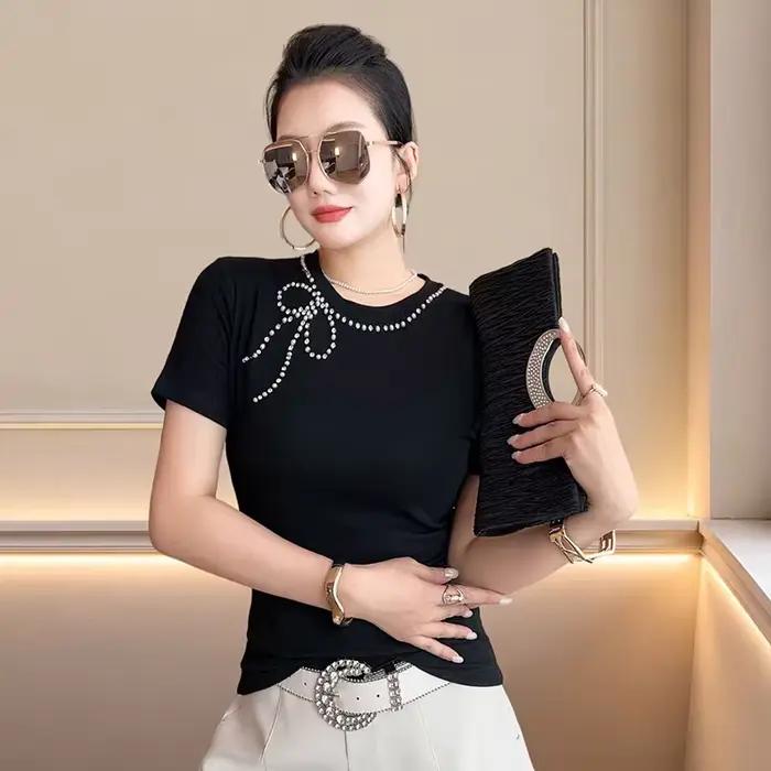 Nouveau T-shirt d'été chic en coton fait main avec perles pour femme