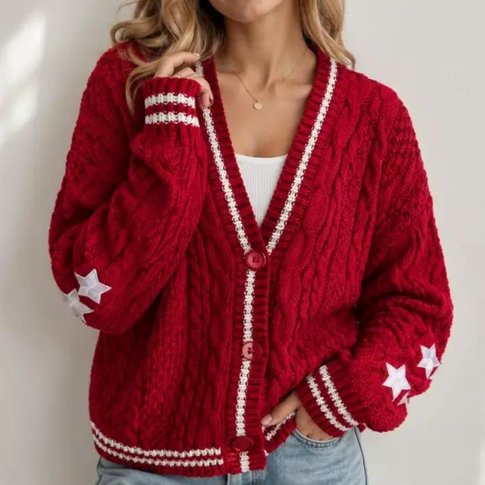 Cardigan Rouge Brodé d'Etoiles Pour Femme Décontracté En Acrylique Et Polyester Pour Les Fêtes De Fin D'Année Occasions Spéciales Et Tenues Polyvalentes