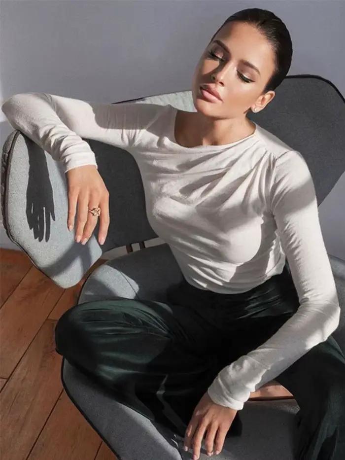 Haut à manches longues blanc T-Shirts femmes basique