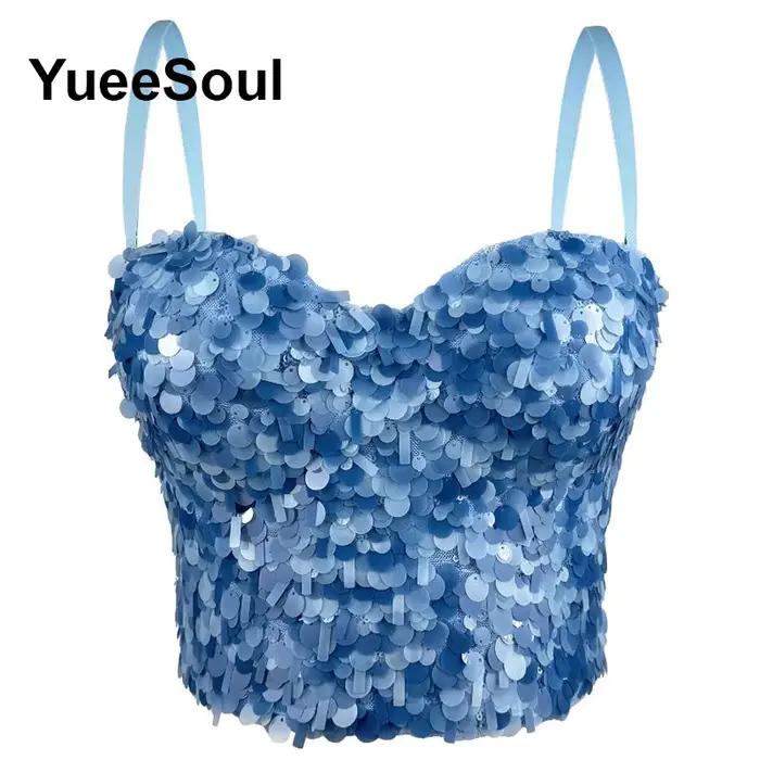 Haut court bleu de luxe pour femmes