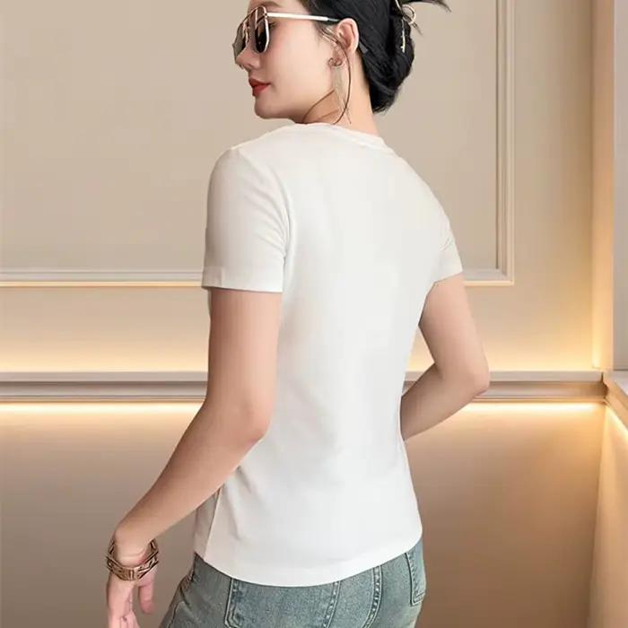 Nouveau T-shirt d'été chic en coton fait main avec perles pour femme