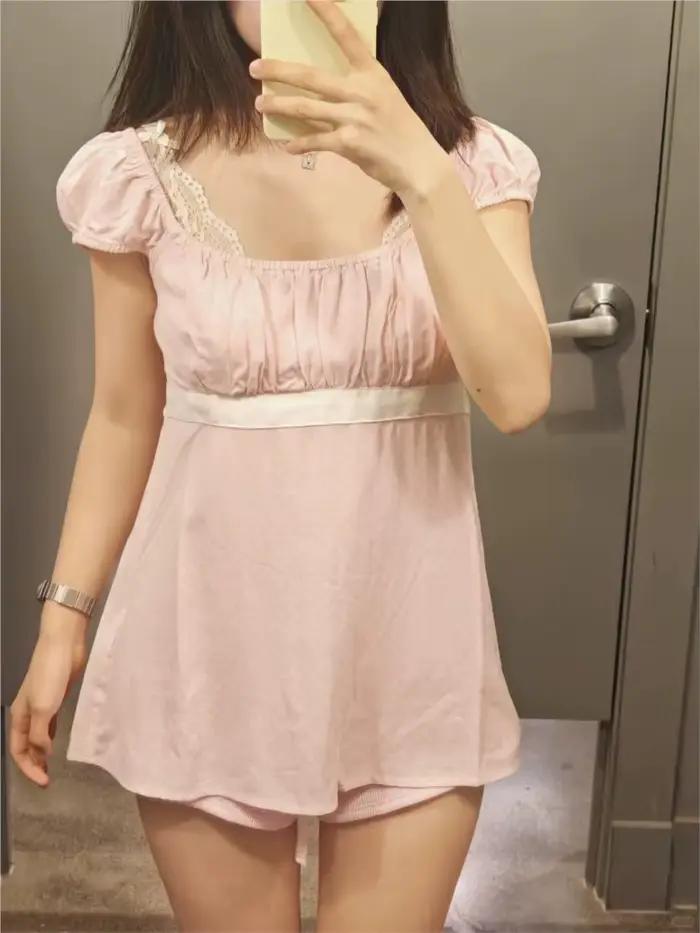 Rose à pois nuisette haut femmes été nouveau décontracté mince à lacets col carré t-shirt hauts doux Vintage Preppy Style T-shirts Y2K