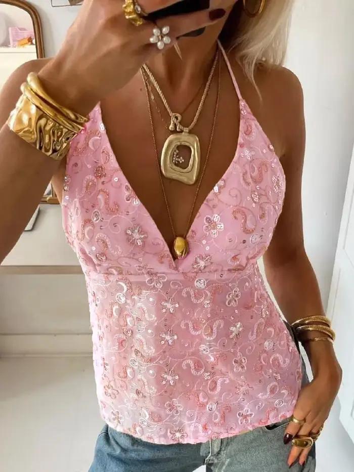 FDEY Paillettes pure coupe ajustée mode haut à licou Sexy Hottie pansement dos nu Chic Y2k Design chemisiers à col en v