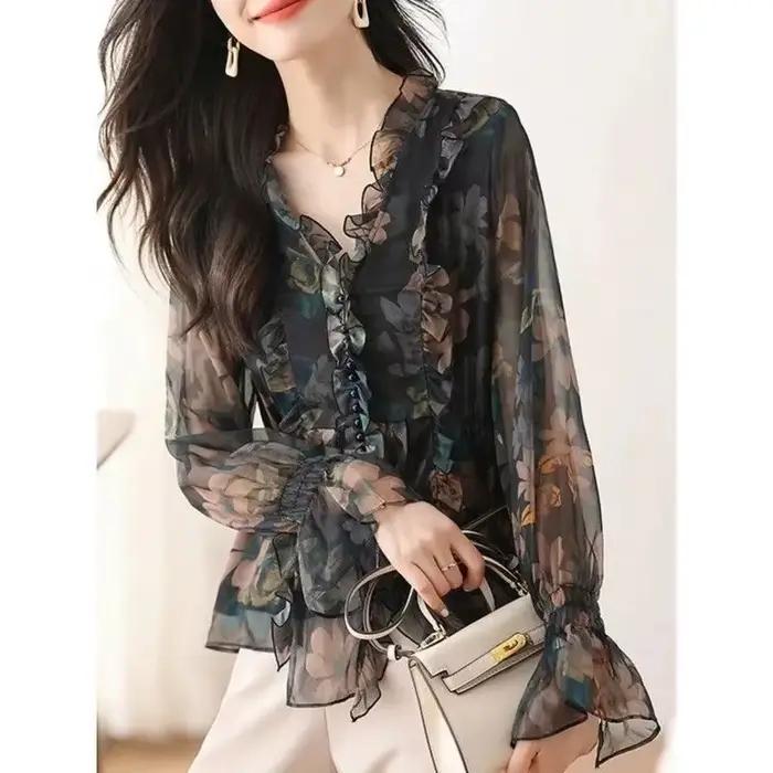 Chemise en mousseline de soie florale pour femmes