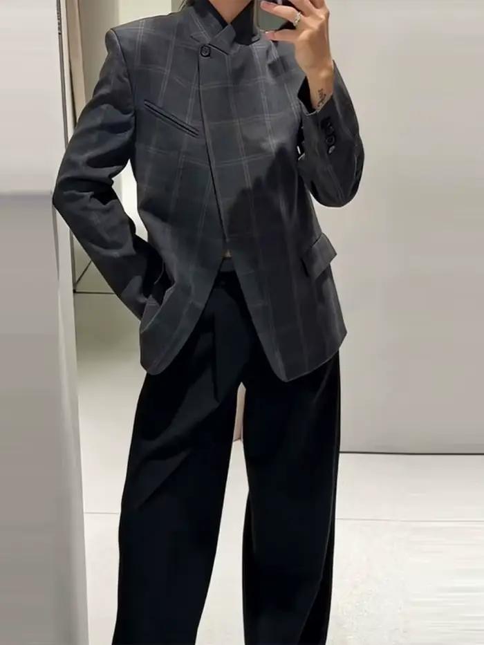 Blazer à carreaux printemps 2026 pour femme style tailleur élégant col montant polyester polyvalent occasions spéciales