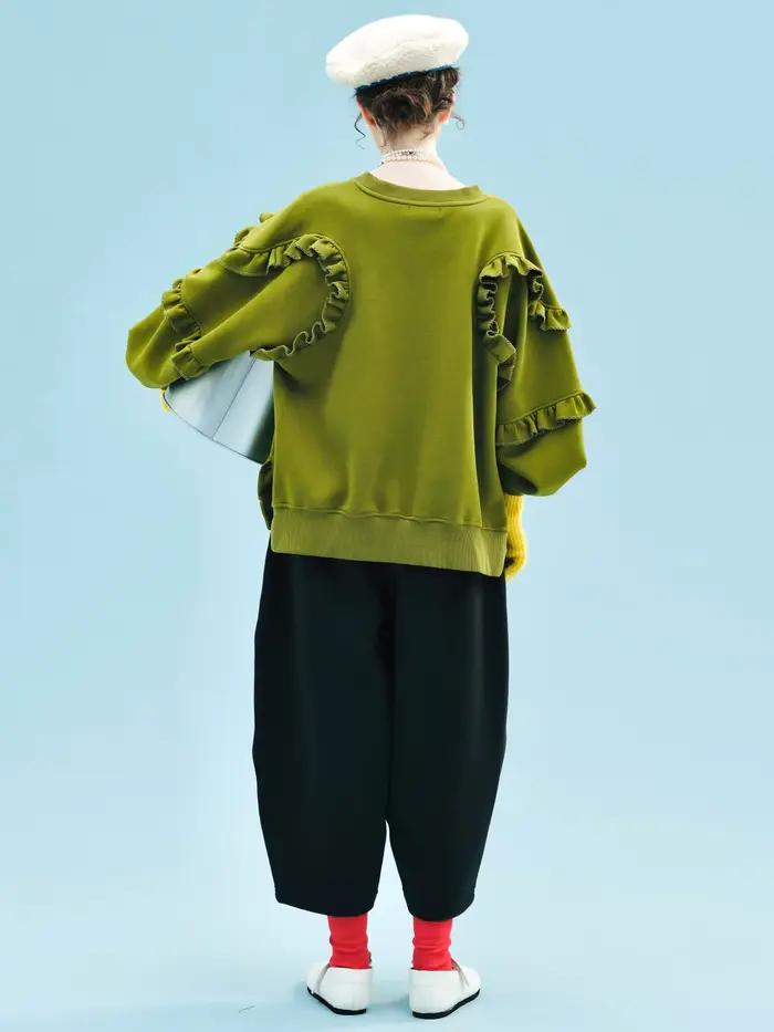 Sweat-shirt vert olive à manches volantées uniques accrocheur pour les vêtements décontractés de rue 255243
