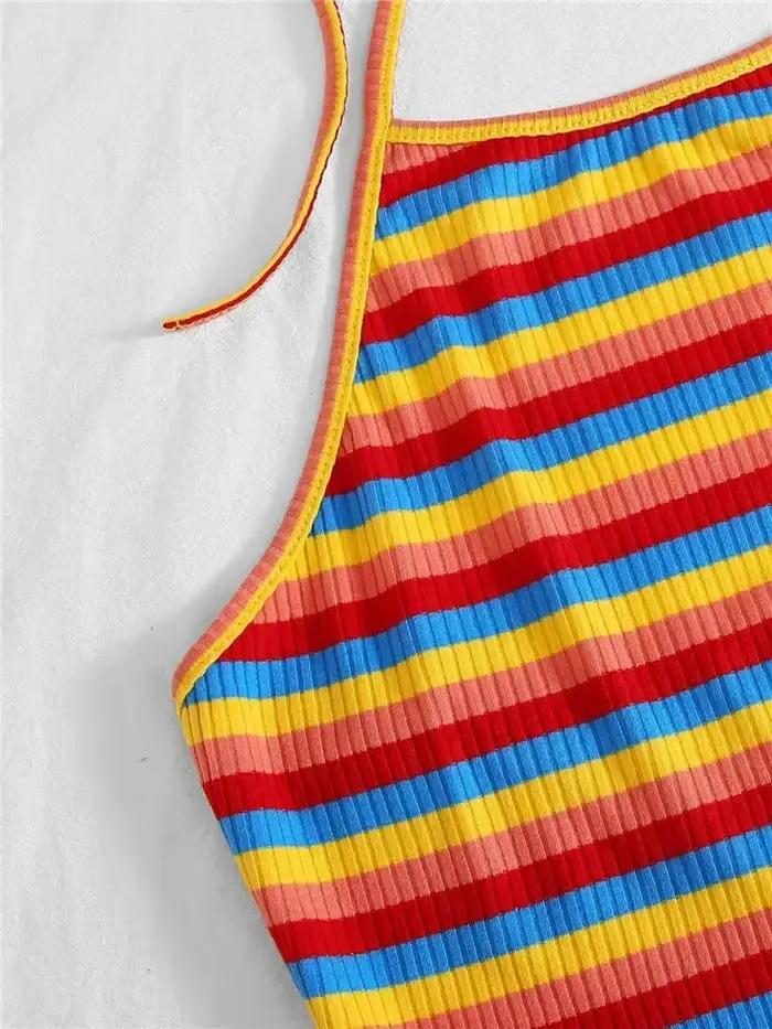 Haut court en tricot côtelé à rayures arc-en-ciel pour femmes