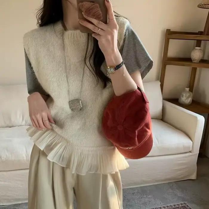 Gilet en tricot sans manches femme avec dentelle à volants et empiècements coupe ample style preppy pour toutes saisons occasions spéciales