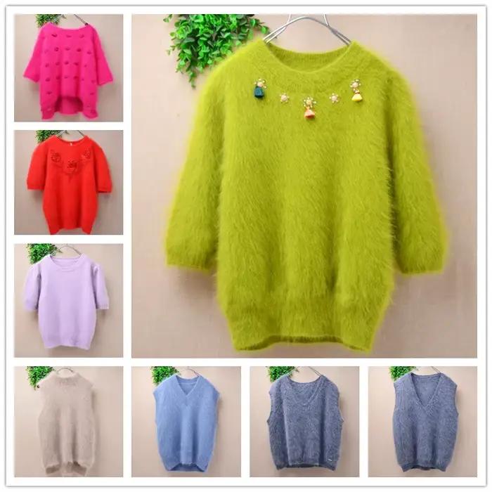Pull-over ample tricoté en véritable poils de lapin Angora doux et duveteux