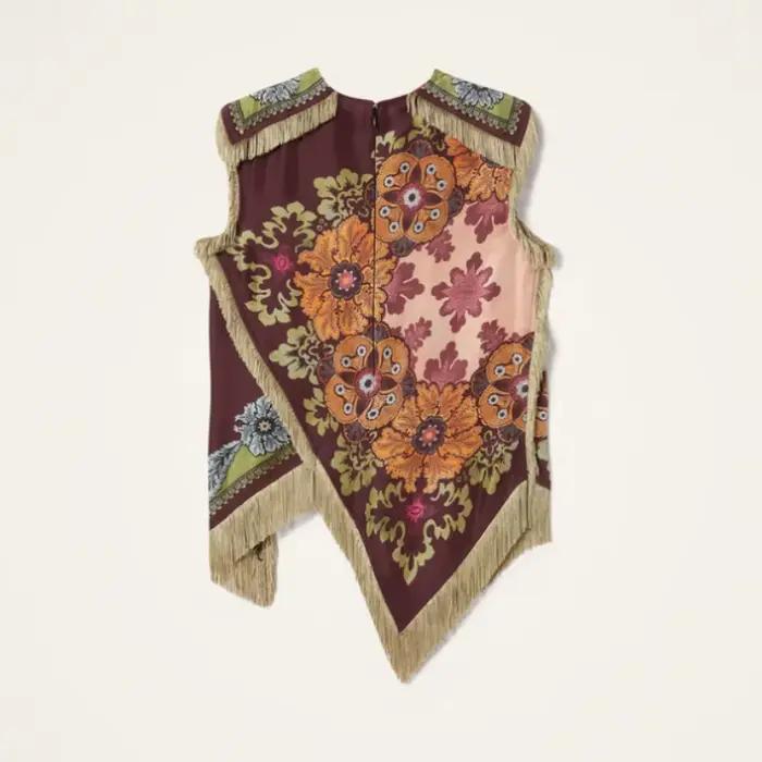 Chemisier Chic Femme 2026 en Satin à Imprimé Floral avec Franges Col Rond Sans Manches Ourlet Asymétrique Style Vintage Occasions Spéciales