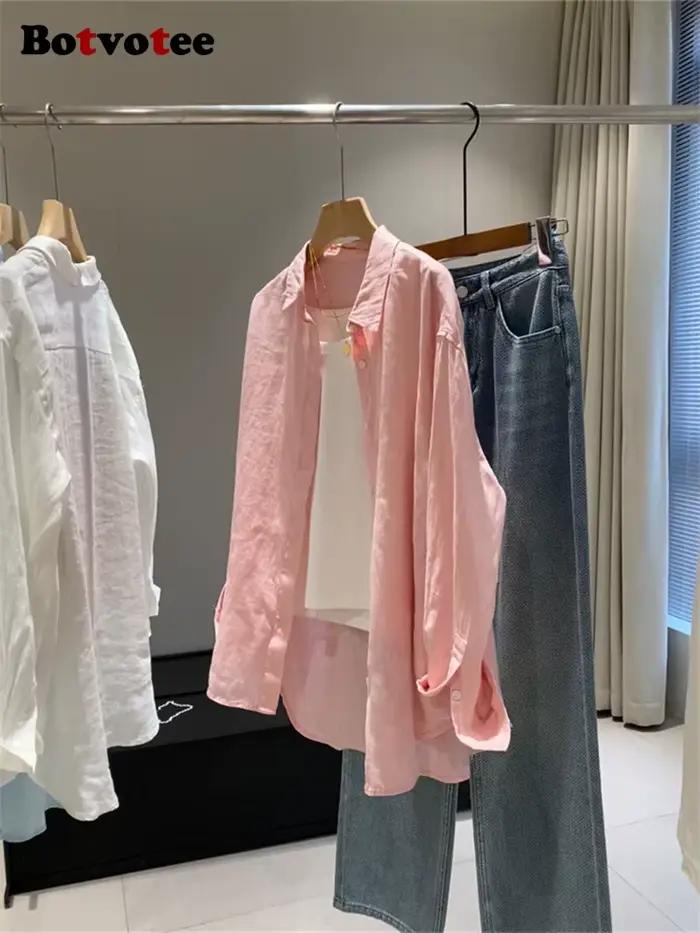 Botvotee Chemise en lin blanc pour femme