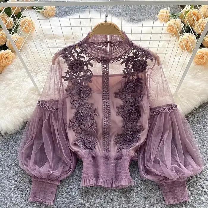 Chemisier à manches bouffantes en dentelle vintage pour femmes, style bureau dame, élégant pour toutes les occasions spéciales
