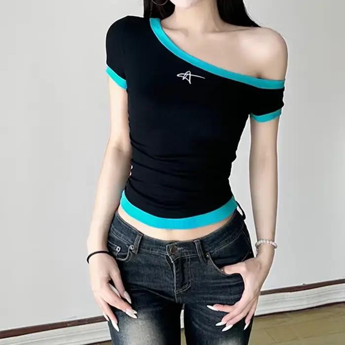 T-shirt asymetrique à manches courtes pour femmes, style chic streetwear, polyester et coton, coupe asymetrique, broderie, mode estivale, occassions spéciales