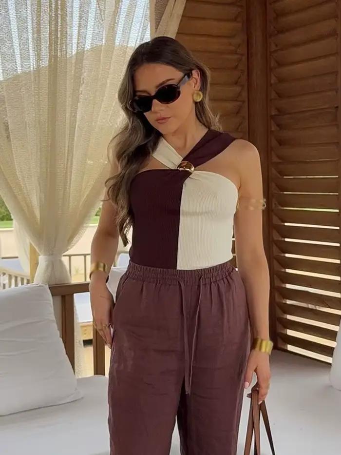 HH femmes été nouvelle mode Chic tricoté hauts col suspendu sans manches dos nu femme Sexy mince