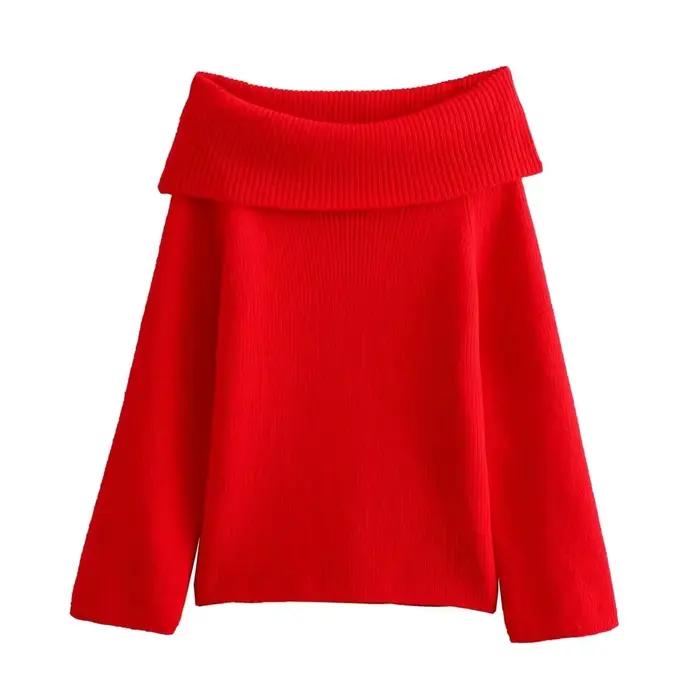 HH femmes mode solide épaules nues pull à manches longues tricoté
