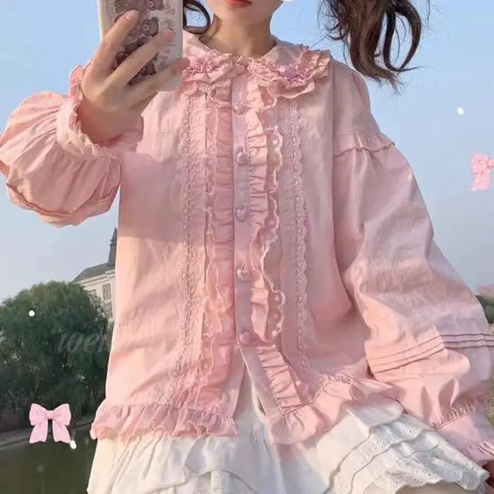 Blouse en coton et polyester style Lolita avec col Peter Pan et détails brodés pour femmes, idéale pour soirées et occasions spéciales