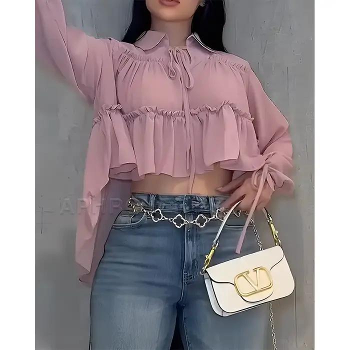 Chemise fluide en mousseline de soie pour femmes manches longues à volants coupe ample haut quotidien printemps automne décontracté