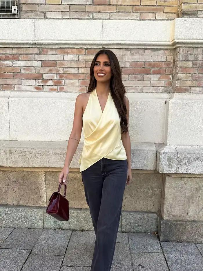 HH Haut Halter Jaune en Satin pour Femme