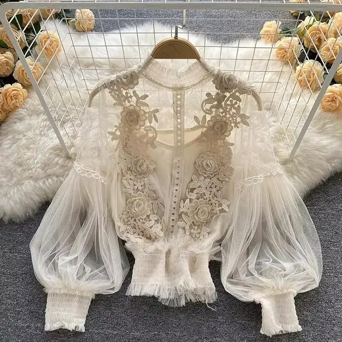 Chemisier à manches bouffantes en dentelle vintage pour femmes, style bureau dame, élégant pour toutes les occasions spéciales