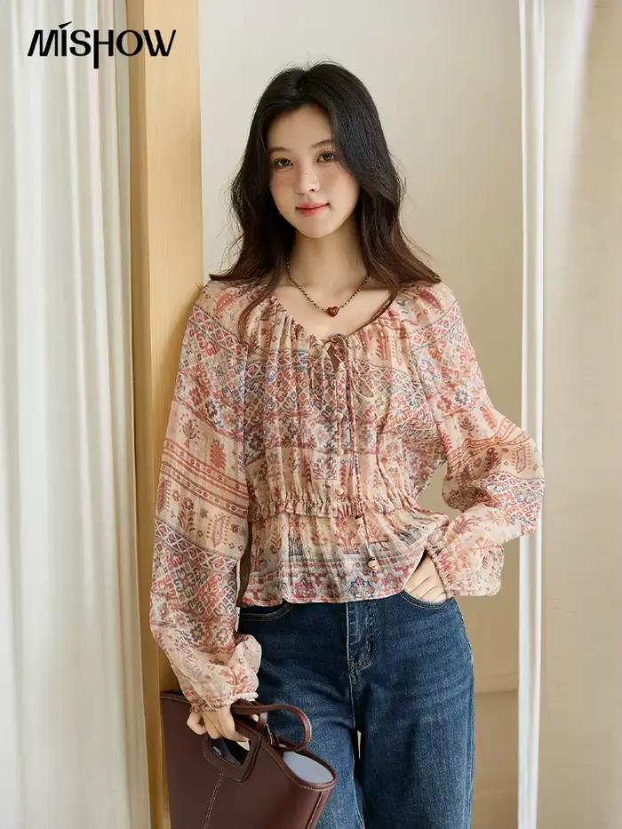 MISHOW Blouse femmes 2025 Style National imprimé taille col rond haut à manches longues trajet confortable automne