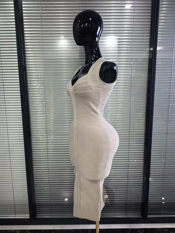 Robe moulante mi-longue sexy sans manches à col en V couleur kaki pour femme