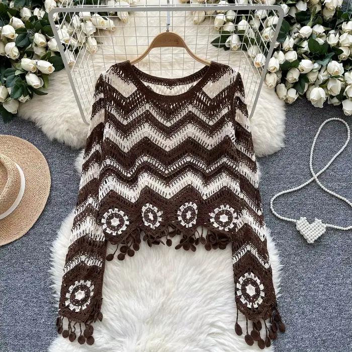 Zig Zag Crochet pull gland détails à manches longues point ouvert haut en tricot