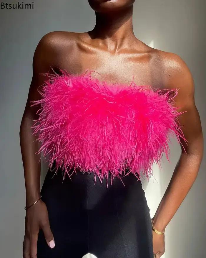 Hauts courts sexy à épaules dénudées en plumes pour femme