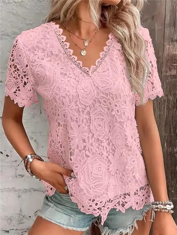 Chemise en dentelle pour femmes, col en V, manches courtes, polyester, décontractée, printemps été, occassions spéciales, bureau, détails élégants ```