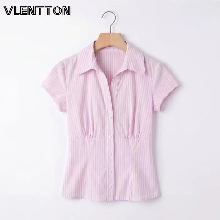 Chemise à manches courtes rayée bleu et blanc pour femme