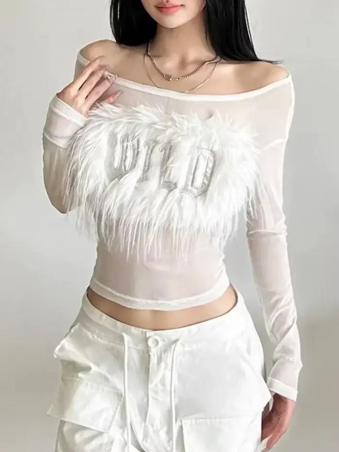 T-shirt en maille transparente pour femmes, haut court à manches longues, style Y2K, ajustement mince, couleur noire, blanc et beige, occassions de fête et carnaval