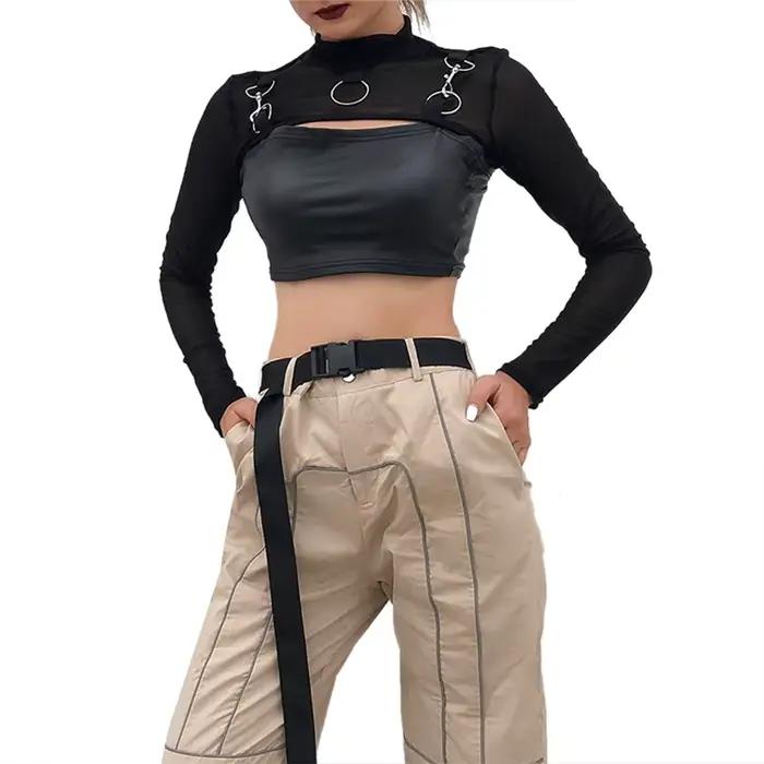 Lamuusaa y2k haut court femmes vêtements gothiques voir à travers col