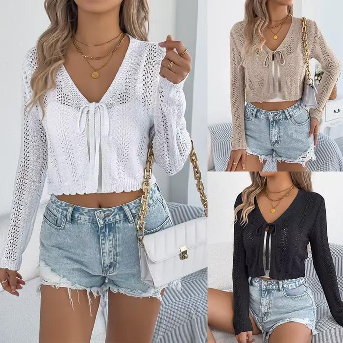 Shoujo fille esthétique Crochet tricot cravate devant Cardigan à manches longues col en V décontracté haut court filles Y2K vêtements