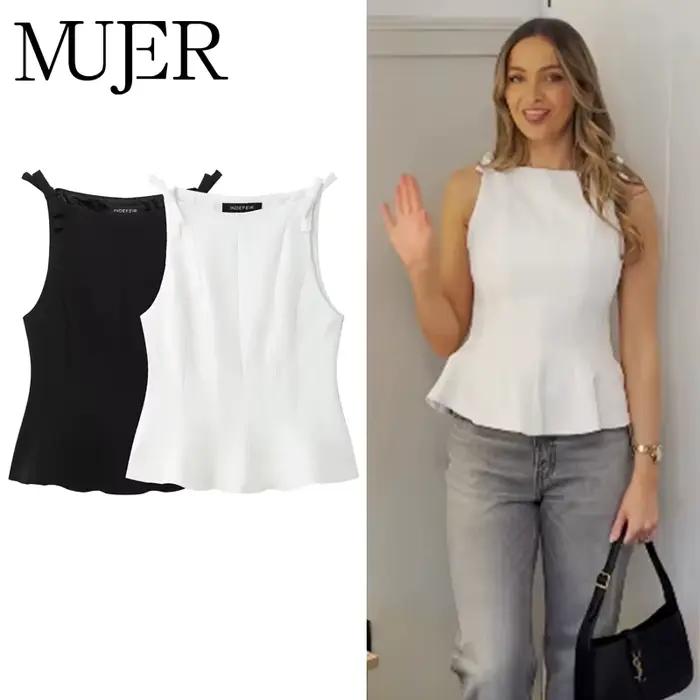 MUJER blanc noeud hauts sans manche pour femmes noir épaules nues haut femme printemps décontracté débardeurs