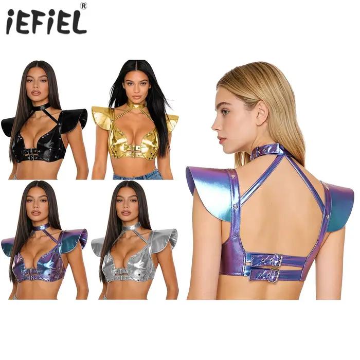 Haut court Alien Astronaut en polyester et cuir véritable pour femmes, armure gothique brillante avec manches volantes pour cosplay et occasions spéciales