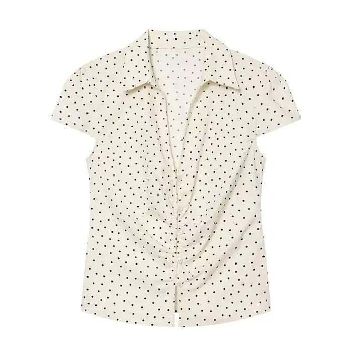 Chemisier à manches courtes pour femme - Blouse ajustée à col et détail froncé