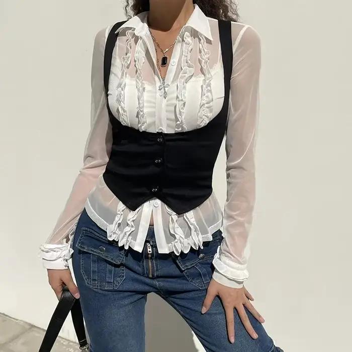 Haut corset croisé noir Vintage Academia pour femme