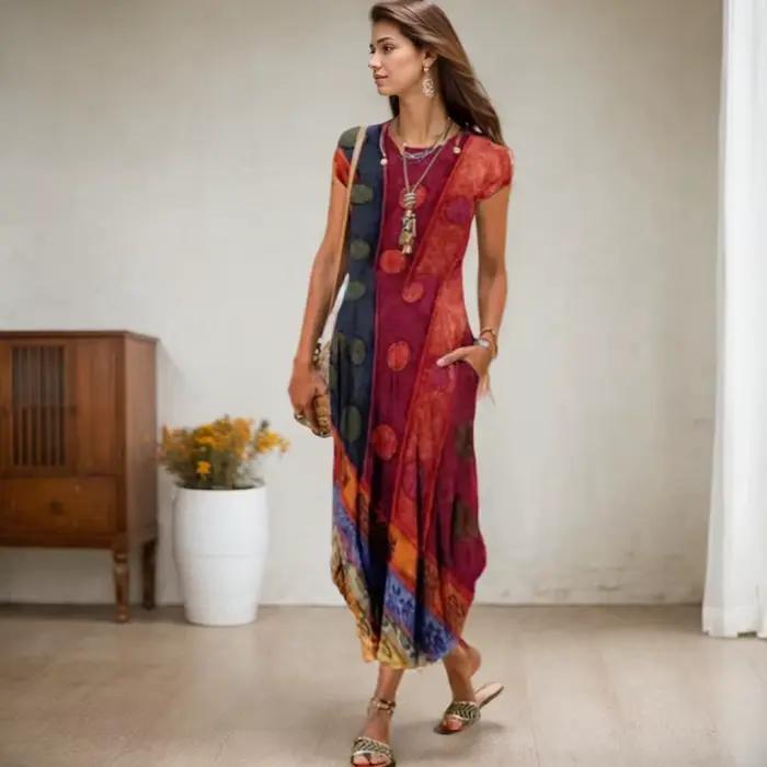 Robe mi-longue vintage à imprimé floral pour femmes, style bohème, polyester et coton, col rond, longueur cheville, printemps été